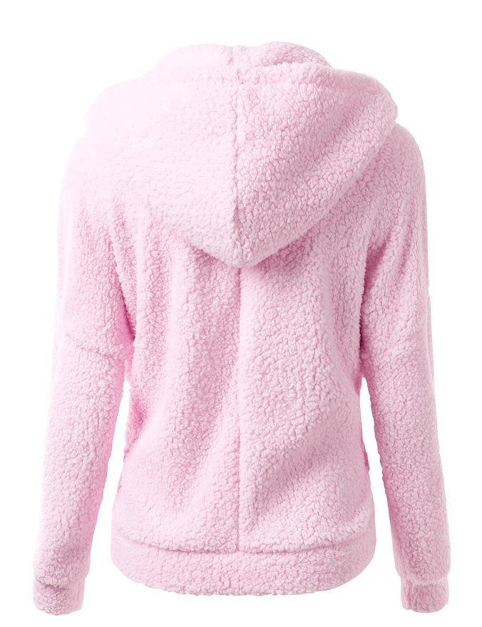 Soft pink women's fleece hoodie with full sleeves and hood. Casual zip-up style for winter warmth. SF0141